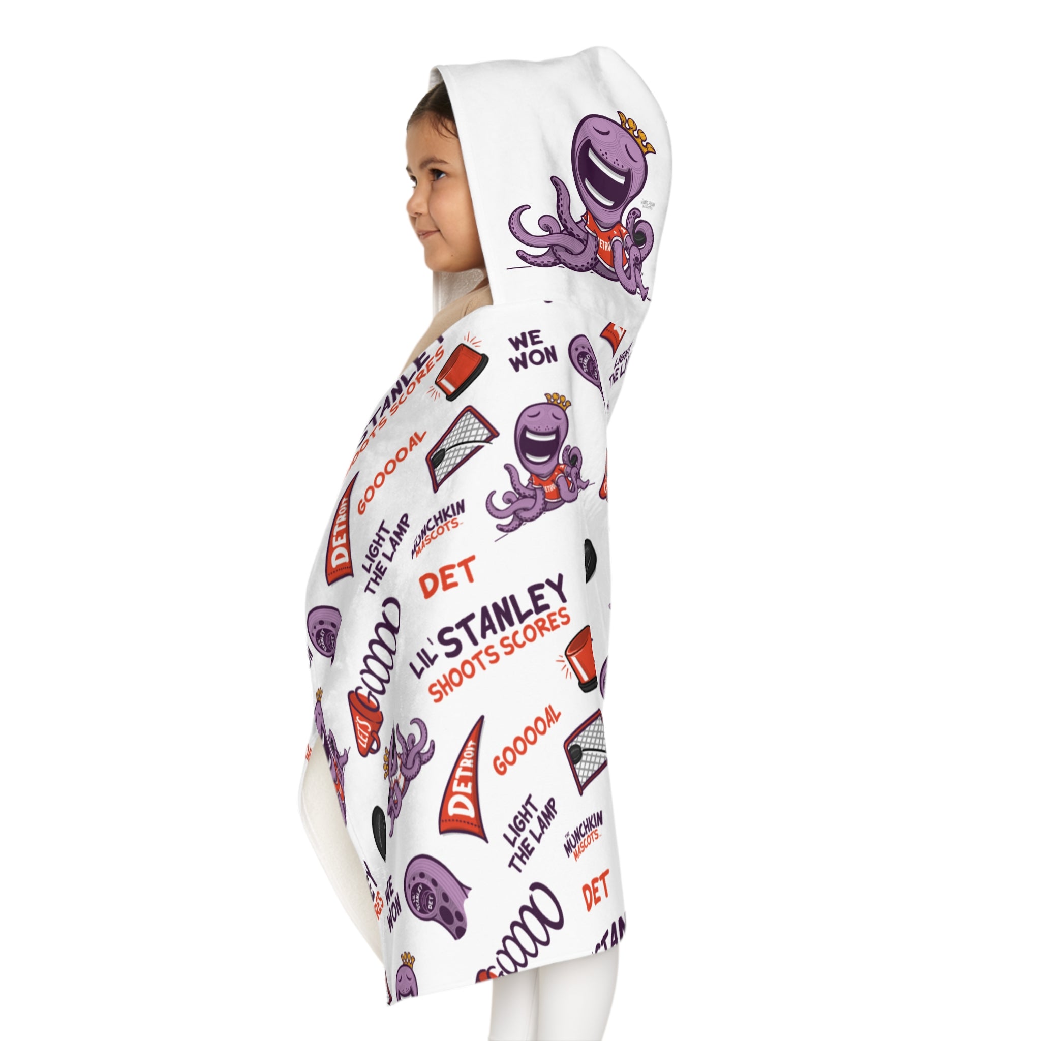 Detroit Hockey Hooded Towel Lil' Stanley Pattern | Hand-Drawn Art | Gifts for Kids