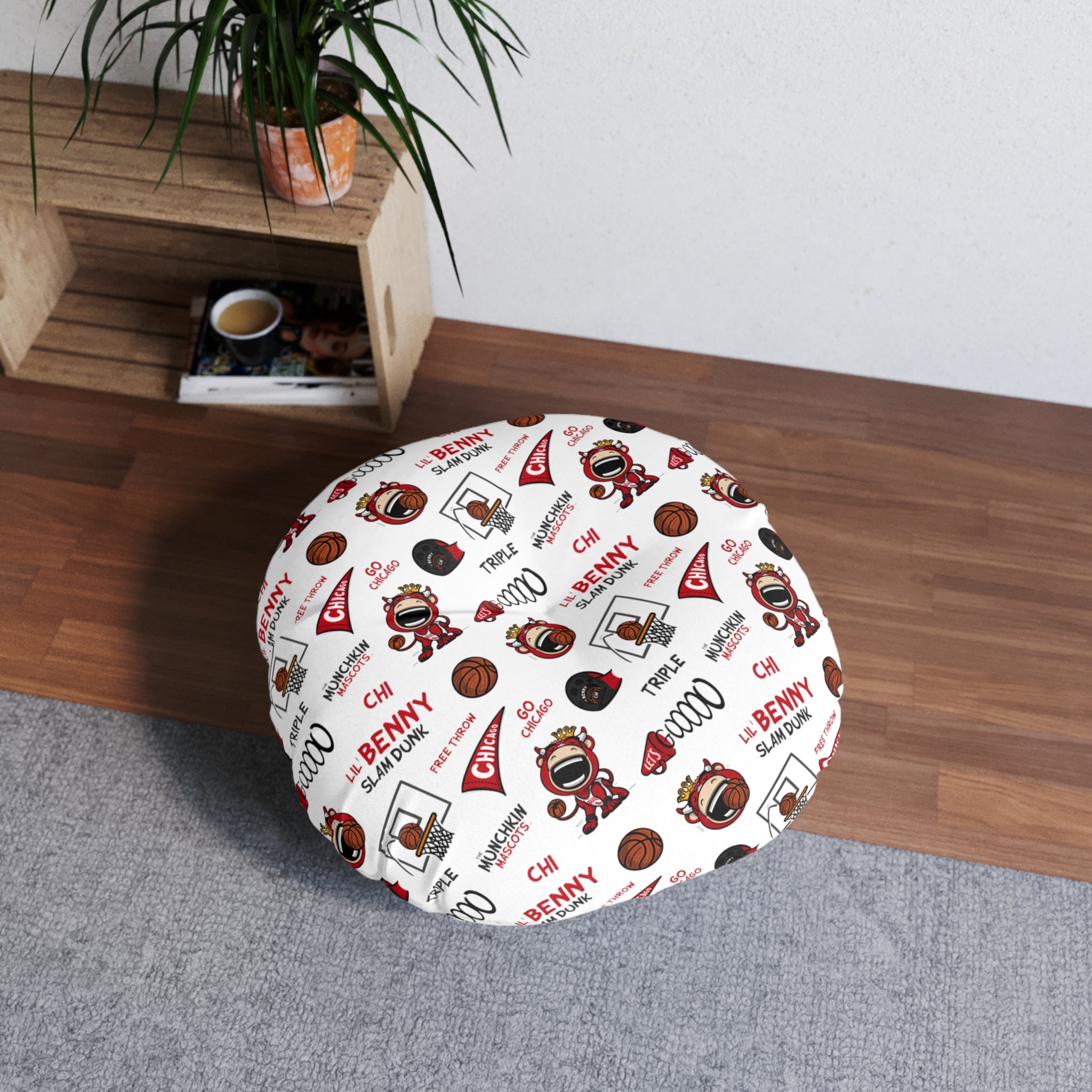 Tufted Floor Pillow, Round - Pattern + Cutest Fan - Lil' Benny CHI Basketball