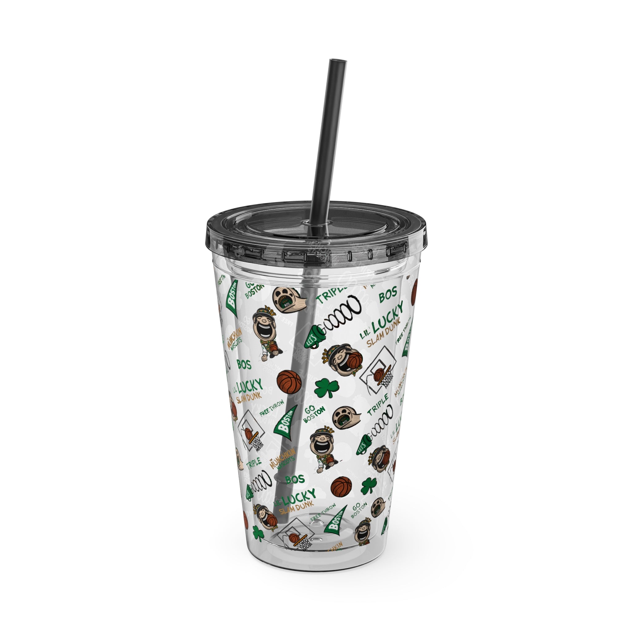 Sunsplash Tumbler with Straw, 16oz - Pattern - Lil' Lucky BOS Basketball