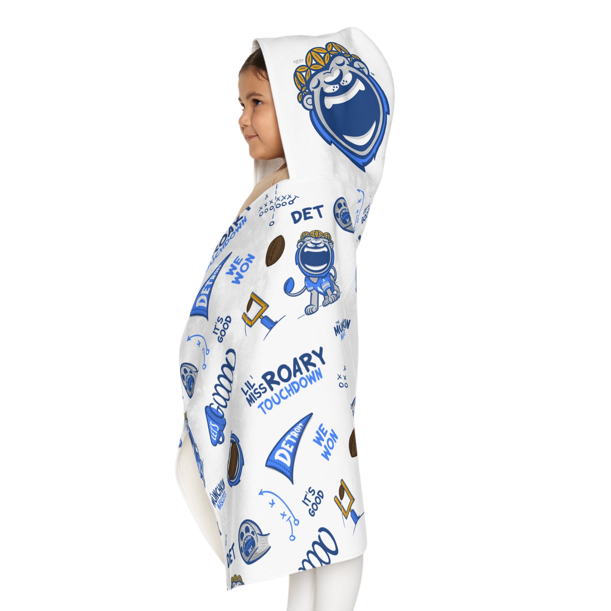 Detroit Football Hooded Towel Lil' Miss Roary Pattern | Hand-Drawn Art | Gifts for Kids