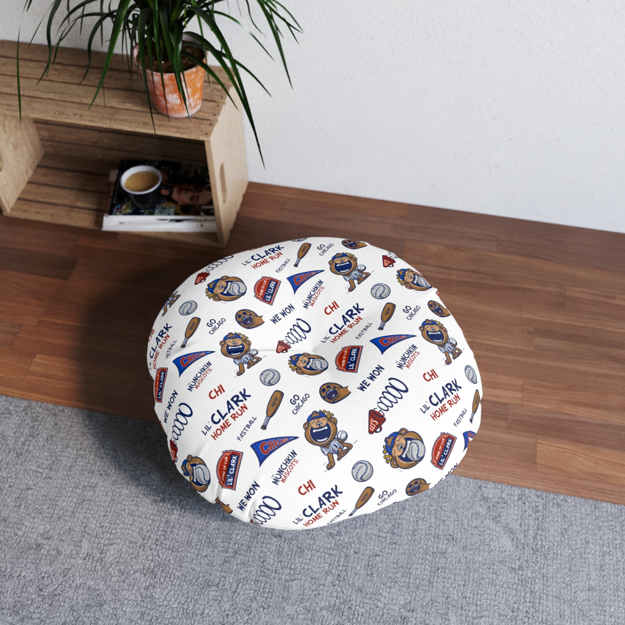 Tufted Floor Pillow, Round - Pattern + Cutest Fan - Lil' Clark CHI Baseball