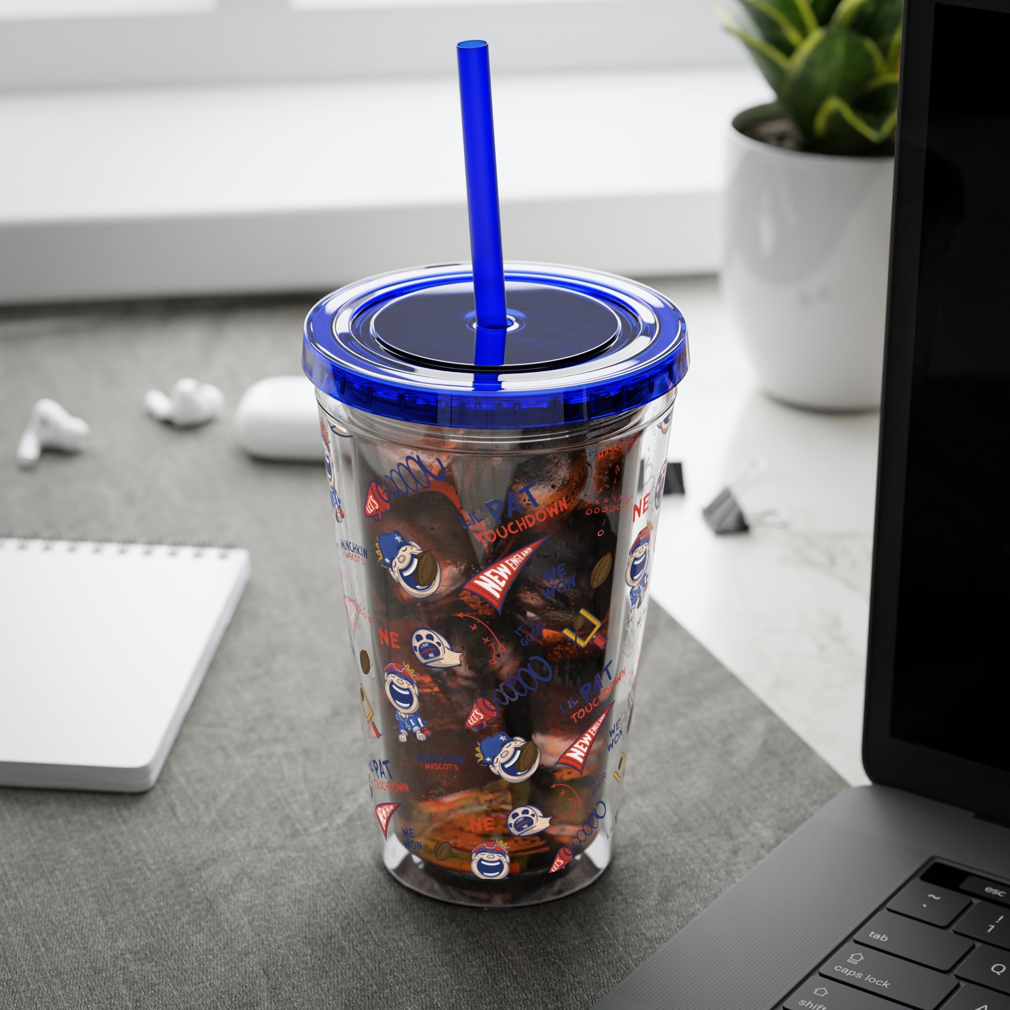 New England Football Tumbler with Straw Lil' Pat Pattern | Hand-Drawn Art | Gifts for Kids