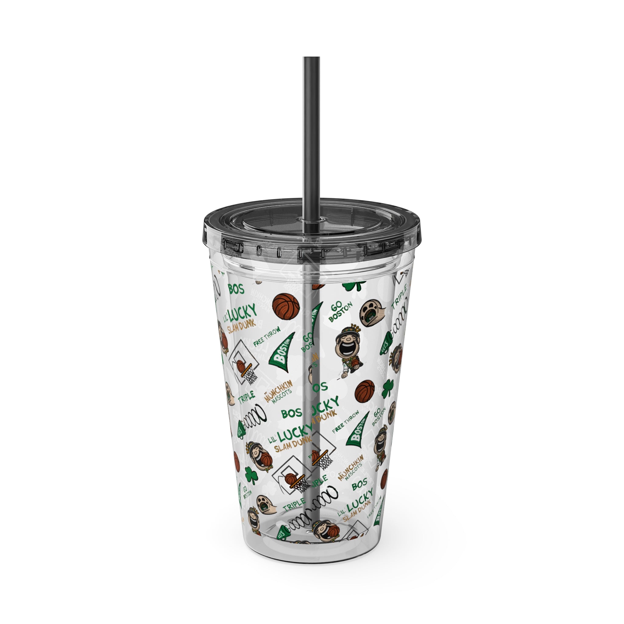 Sunsplash Tumbler with Straw, 16oz - Pattern - Lil' Lucky BOS Basketball