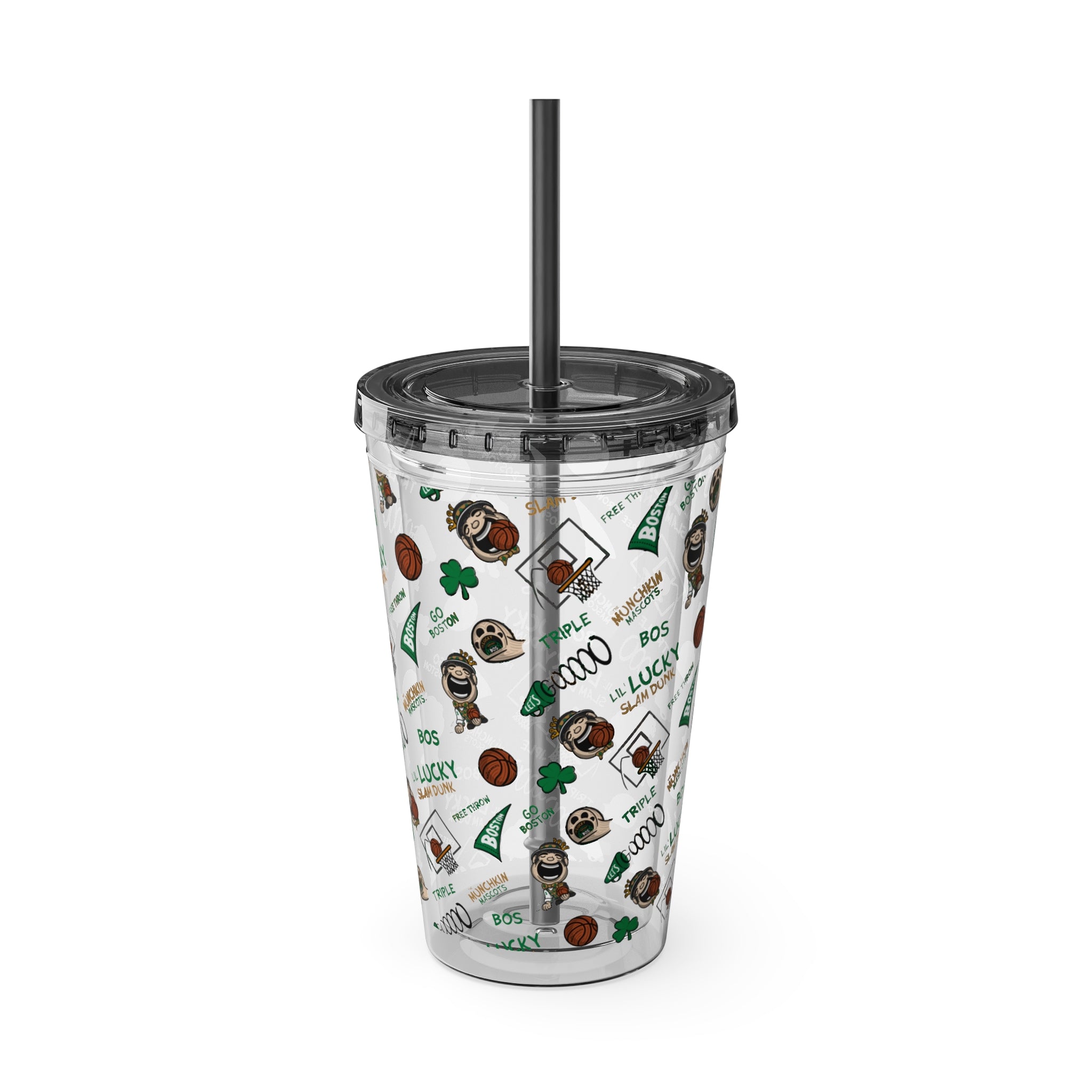 Sunsplash Tumbler with Straw, 16oz - Pattern - Lil' Lucky BOS Basketball