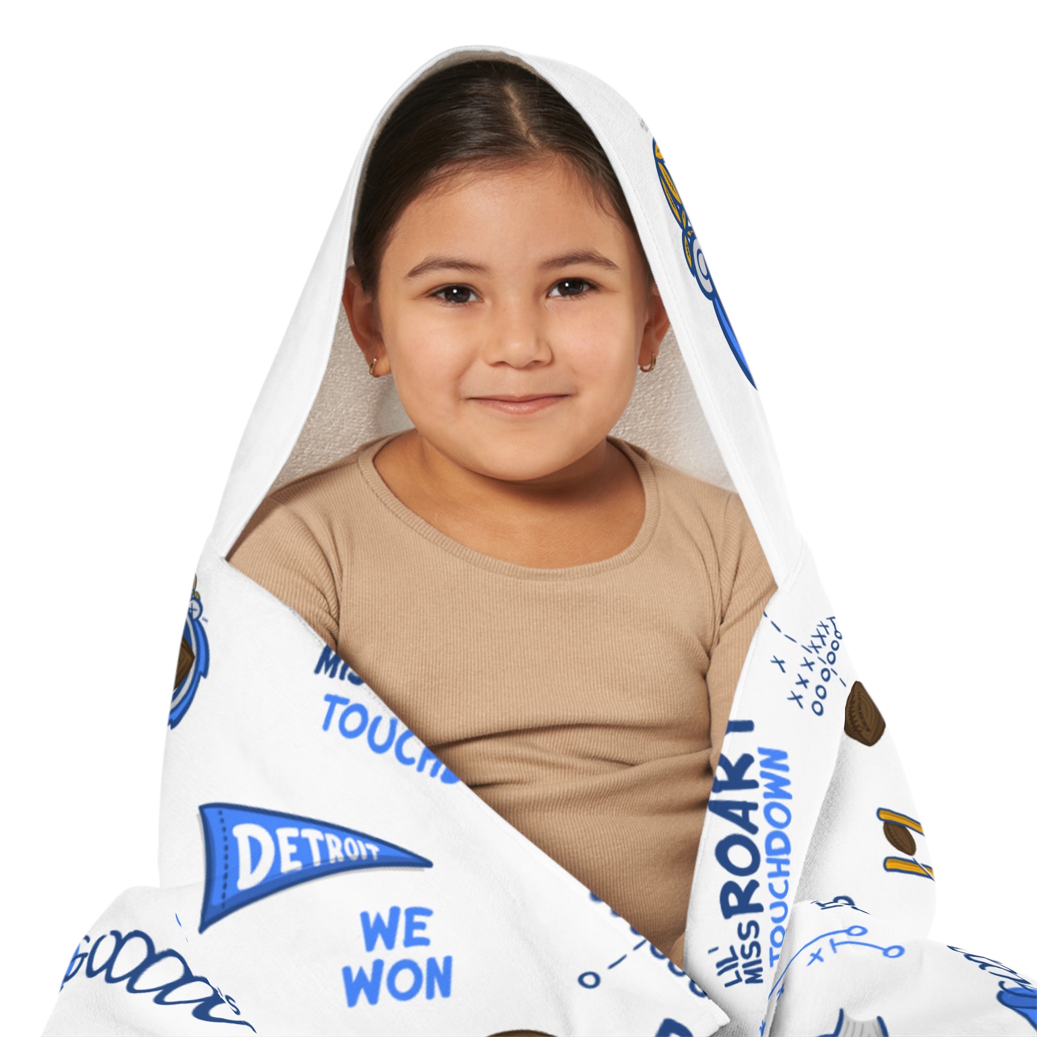 Detroit Football Hooded Towel Lil' Miss Roary Pattern | Hand-Drawn Art | Gifts for Kids