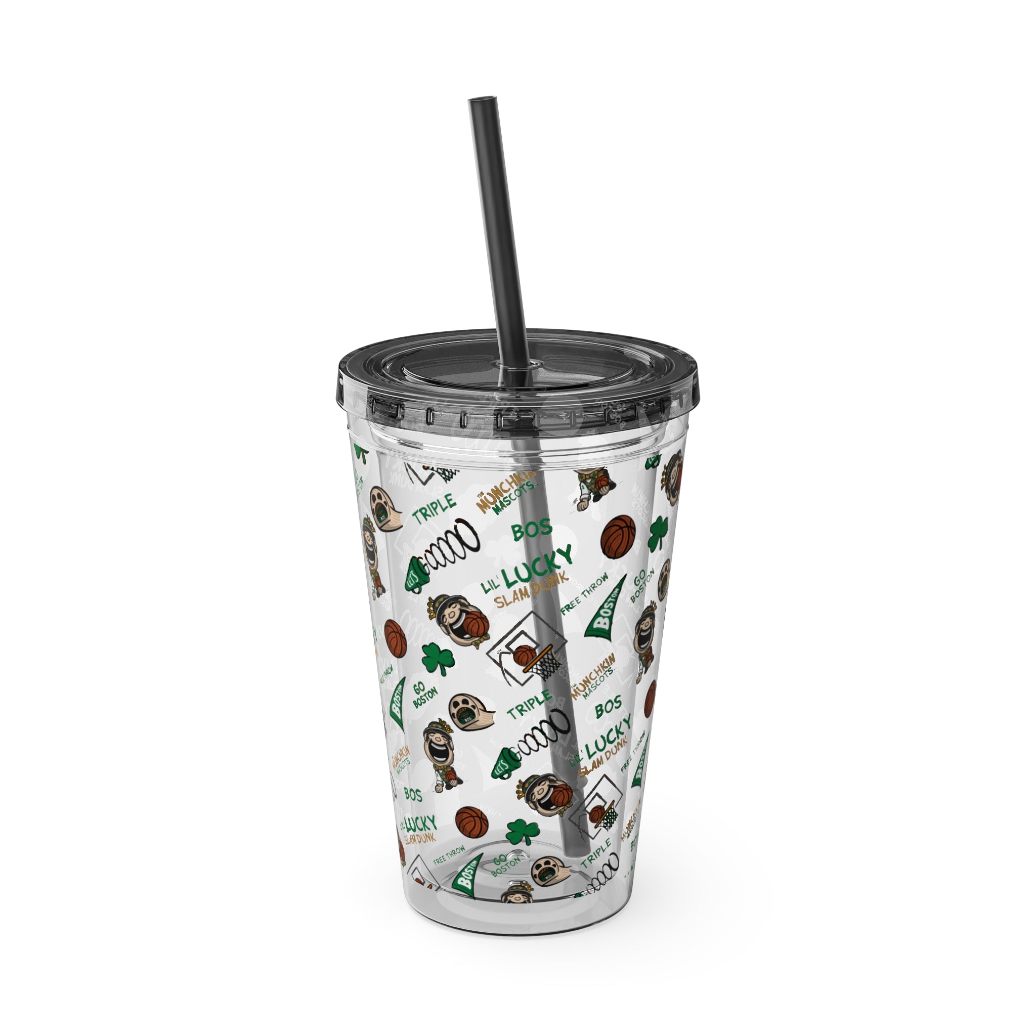 Sunsplash Tumbler with Straw, 16oz - Pattern - Lil' Lucky BOS Basketball