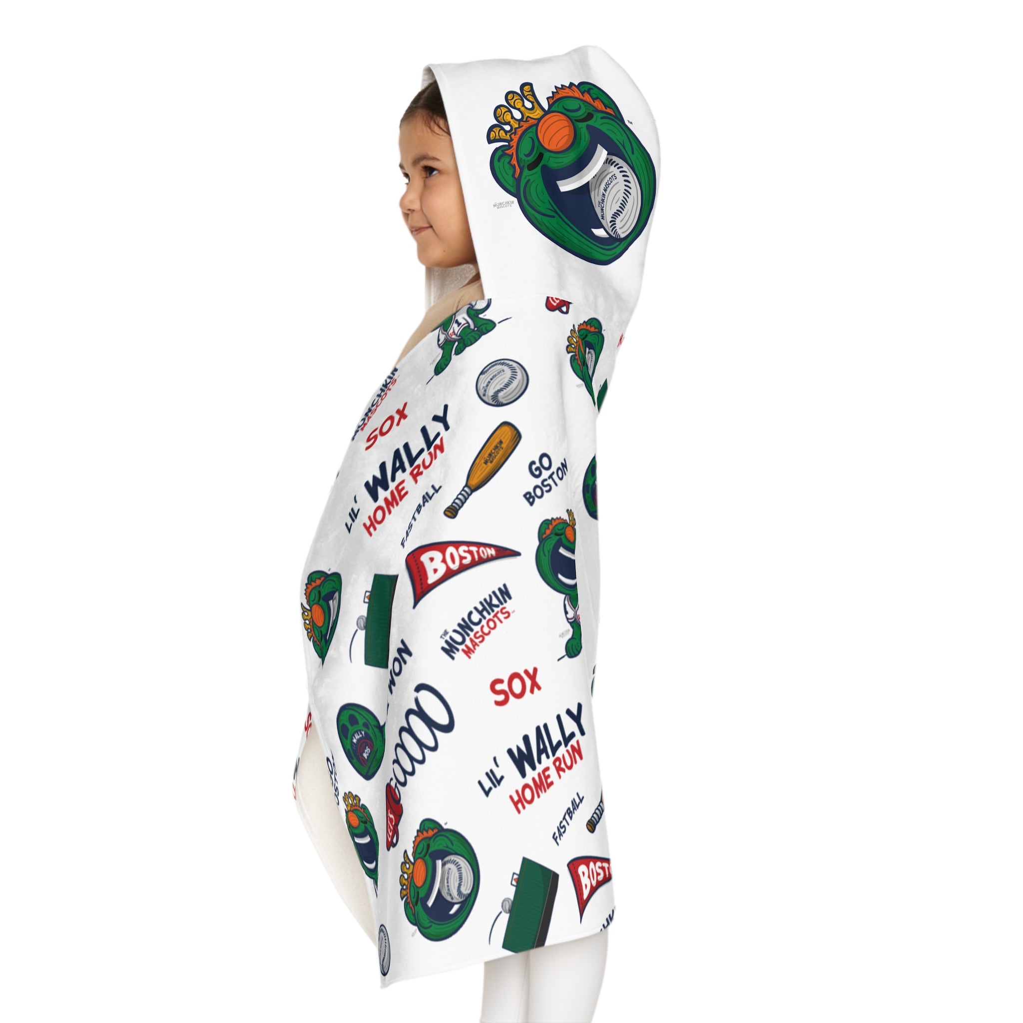 Boston Baseball Hooded Towel Lil' Wally Pattern | Hand-Drawn Art | Gifts for Kids