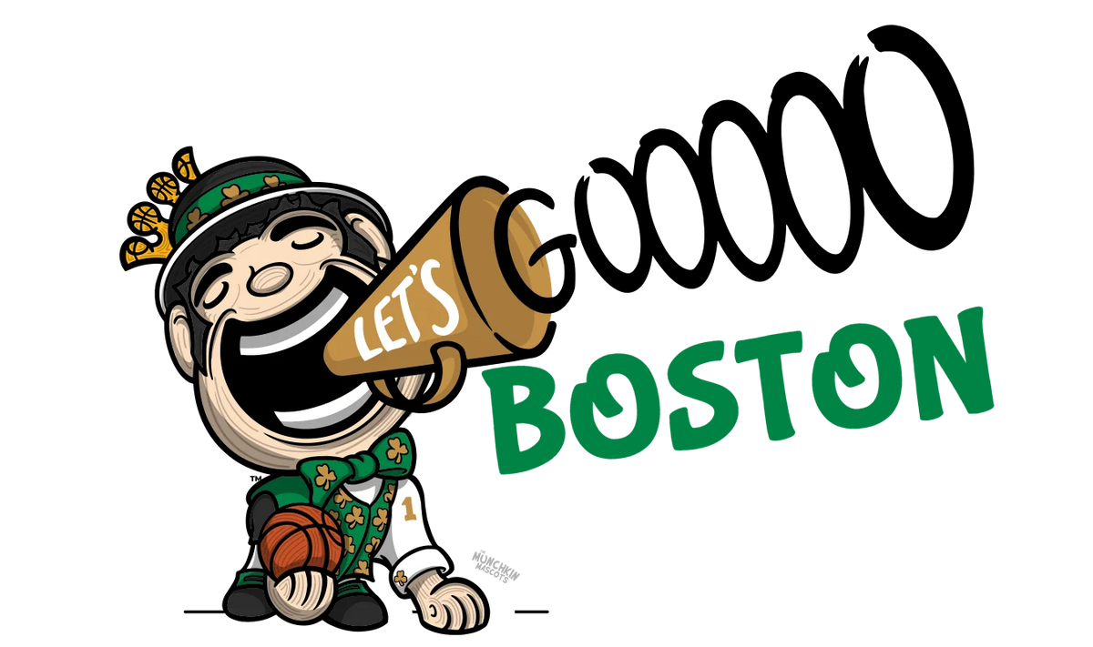 Lil' Lucky baby mascot cheering Let's Goooo Boston through a megaphone